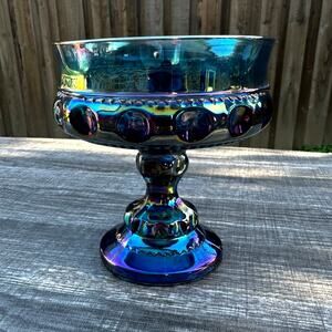 Indiana Glass Iridescent Blue Kings Crown Vintage Carnival Glass Footed Compote